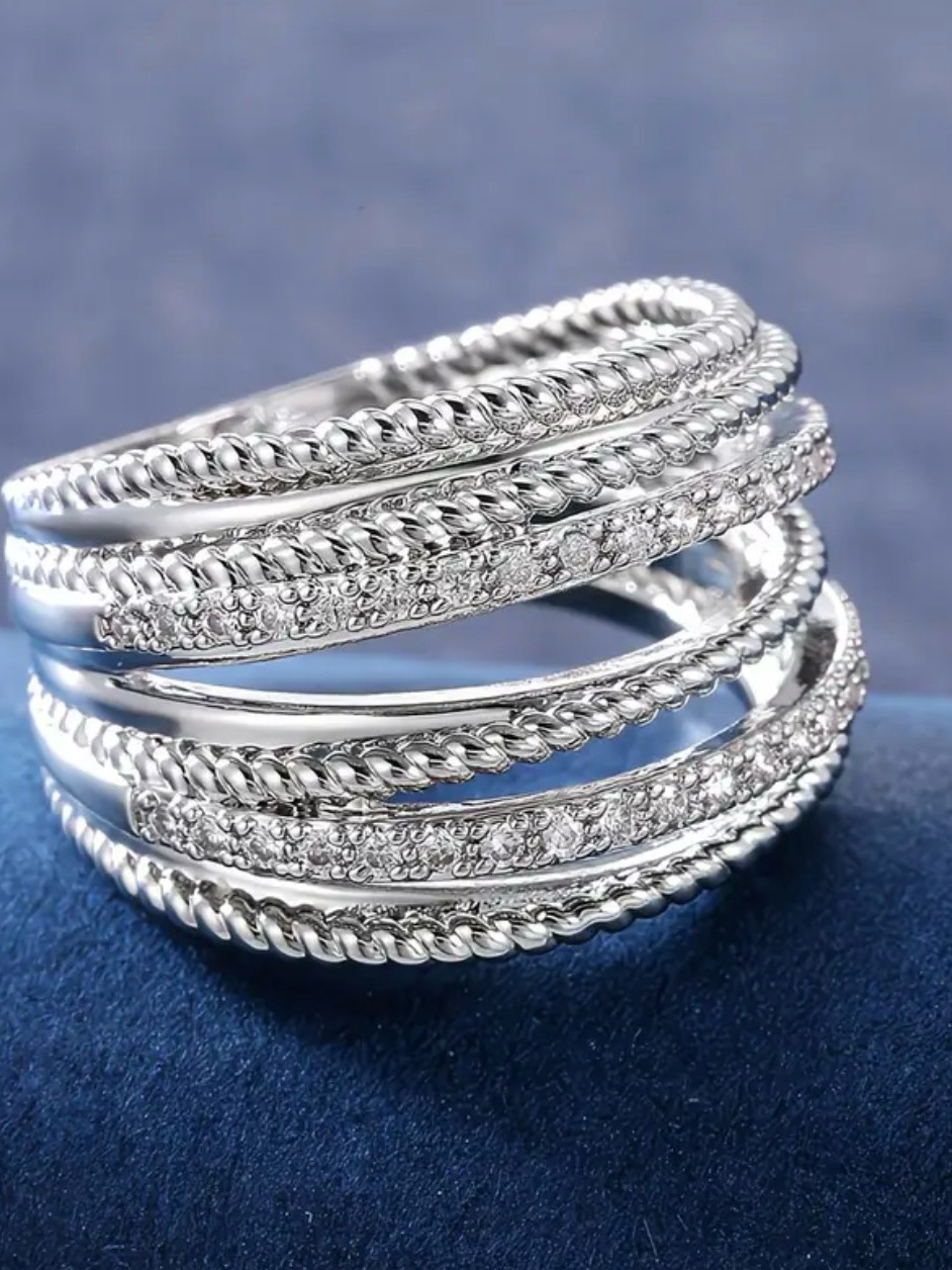 Source Unknown Silver Multi-Band Crystal Wrap Ring